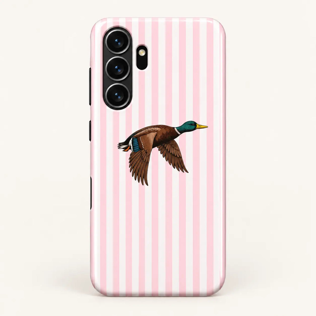02-samsung-main.png: Samsung Galaxy case: pink and white vertical stripes; one right-facing mallard with lowered wings.