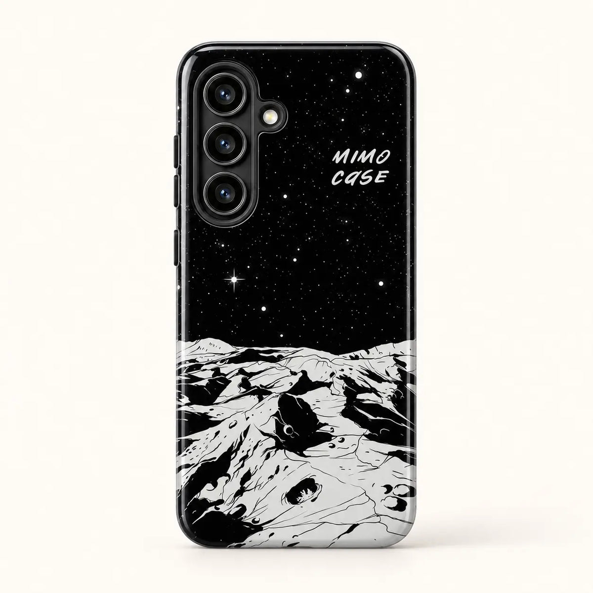 Monochrome lunar landscape phone case for Samsung Galaxy on a warm ivory background