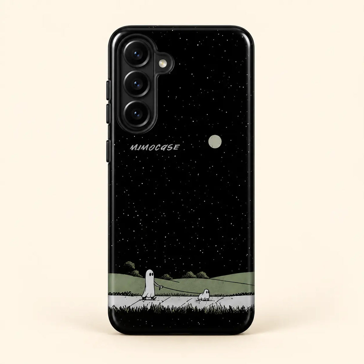 Starry ghost walk phone case for Samsung Galaxy on a warm ivory background