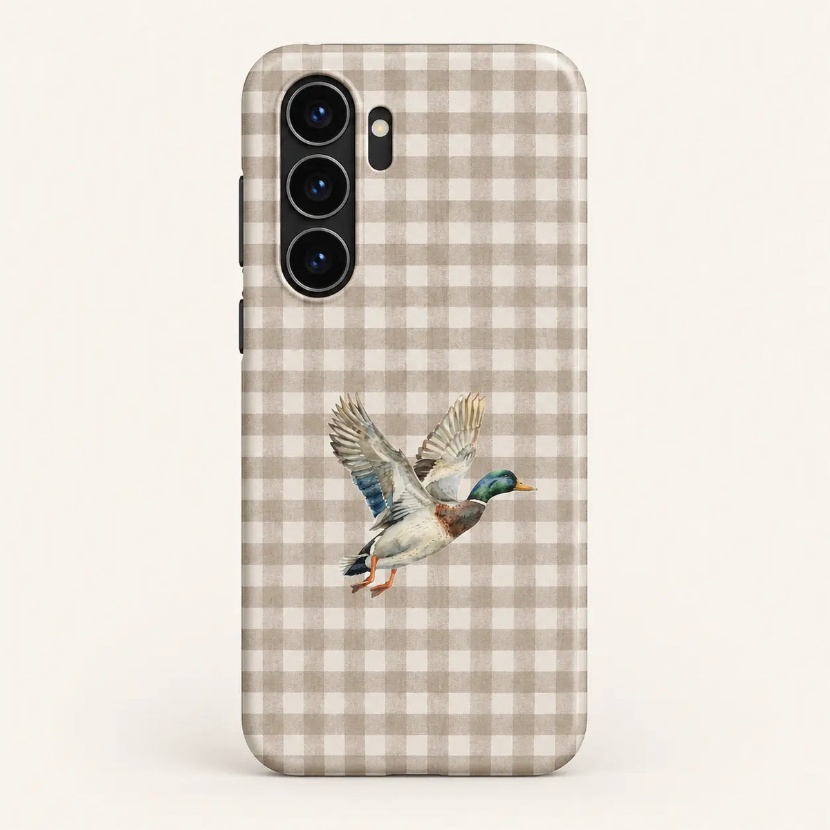 Samsung Galaxy case: taupe and cream gingham checks; one watercolor mallard with raised wings.