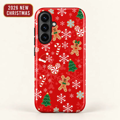 Samsung phone case with a festive red gingerbread and peppermint Christmas pattern.
