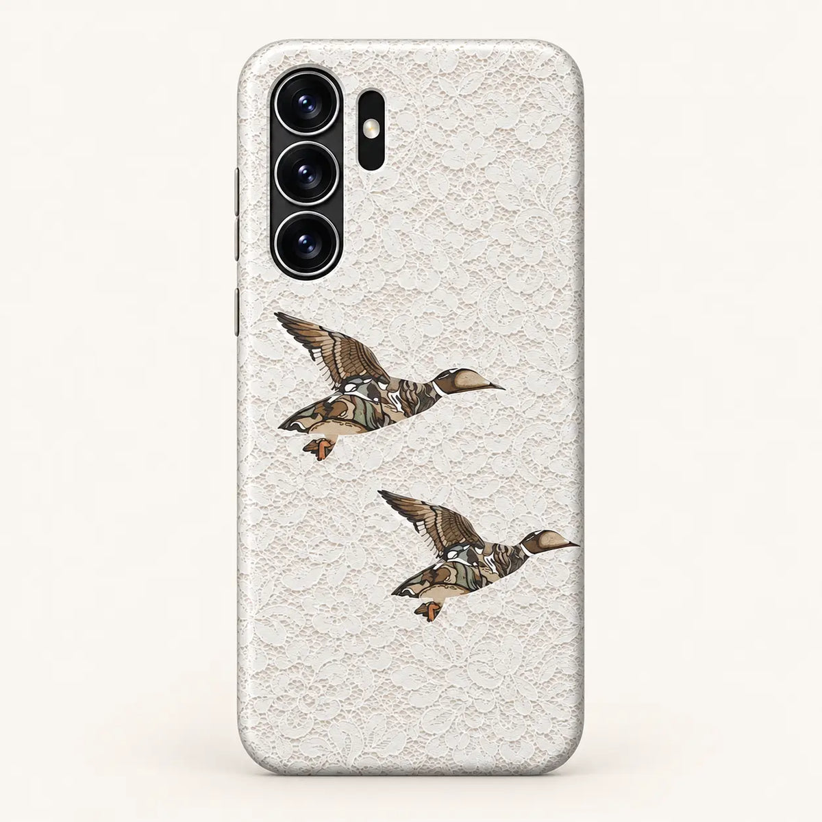 Samsung Galaxy case: white floral lace print; two camouflage ducks.