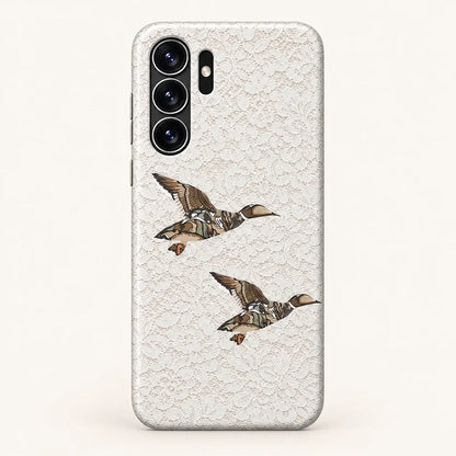 Samsung Galaxy case: white floral lace print; two camouflage ducks.