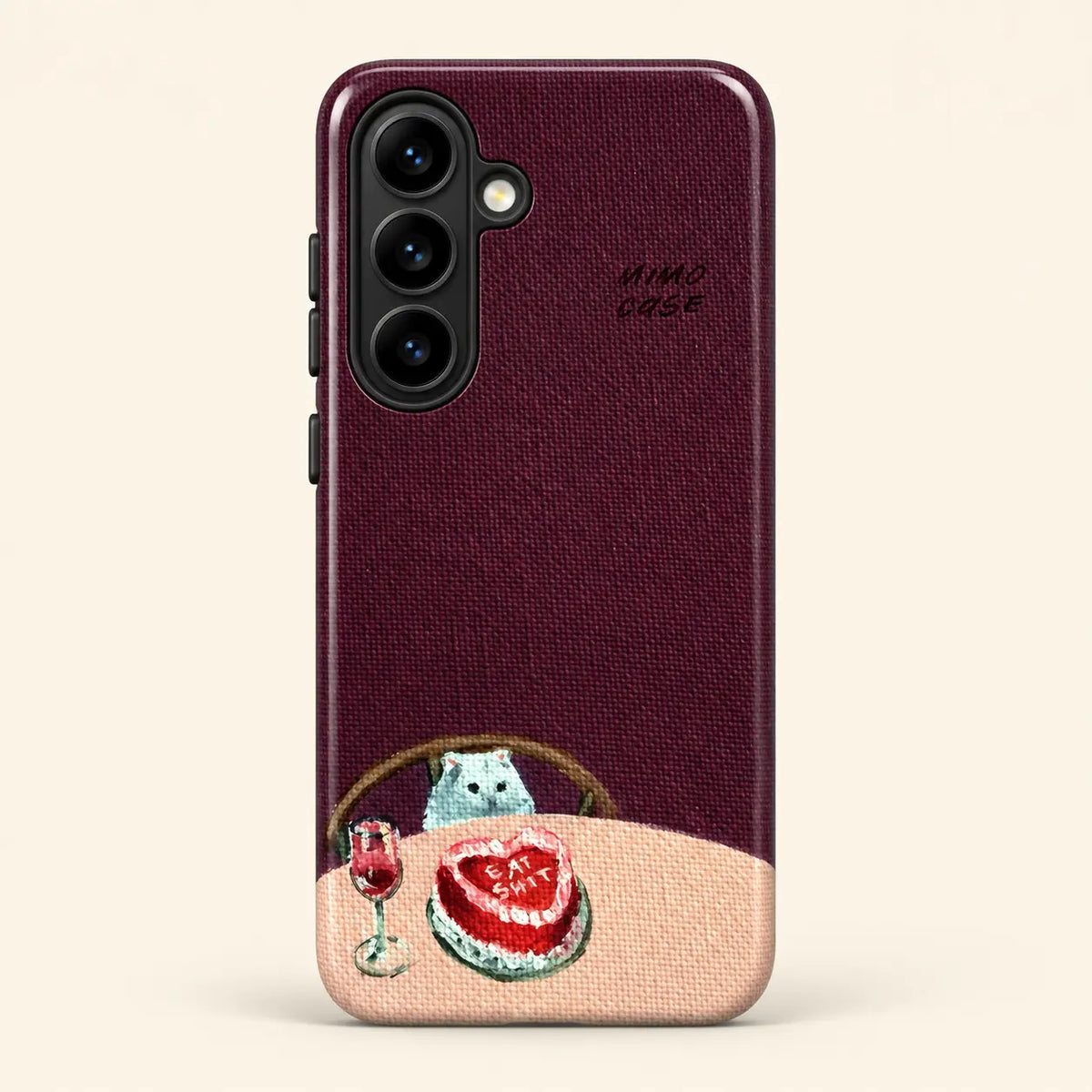 Burgundy cat cake phone case for Samsung Galaxy on a warm ivory background