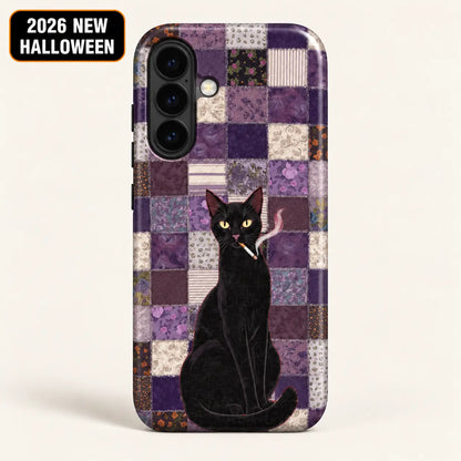 Samsung case featuring a seated black cat over lavender, plum and cream patchwork squares.