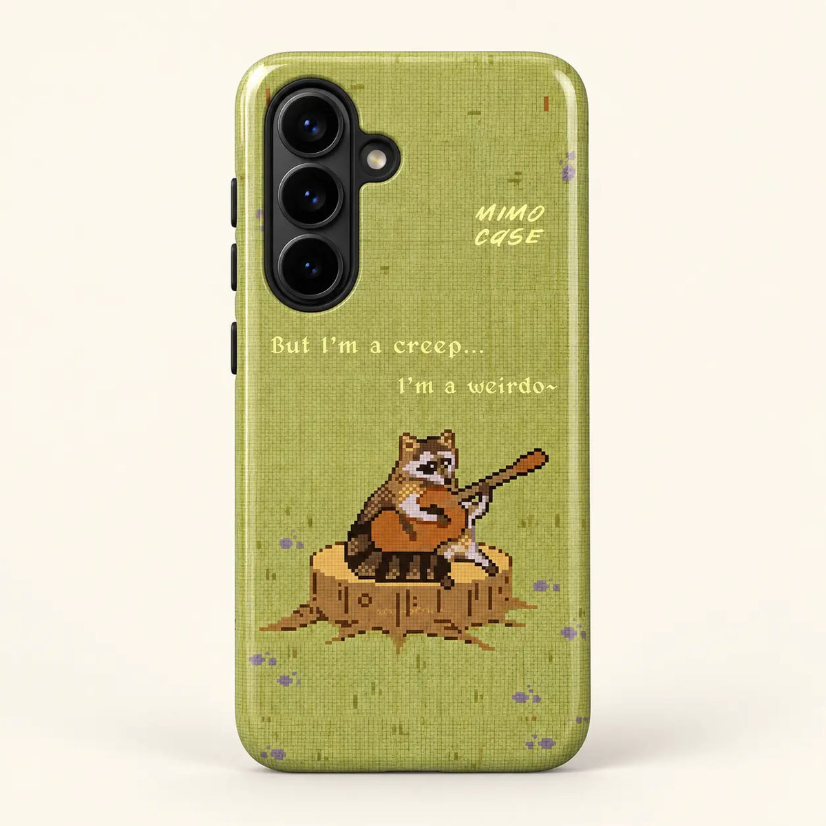 Pixel raccoon guitar phone case for Samsung Galaxy on a warm ivory background