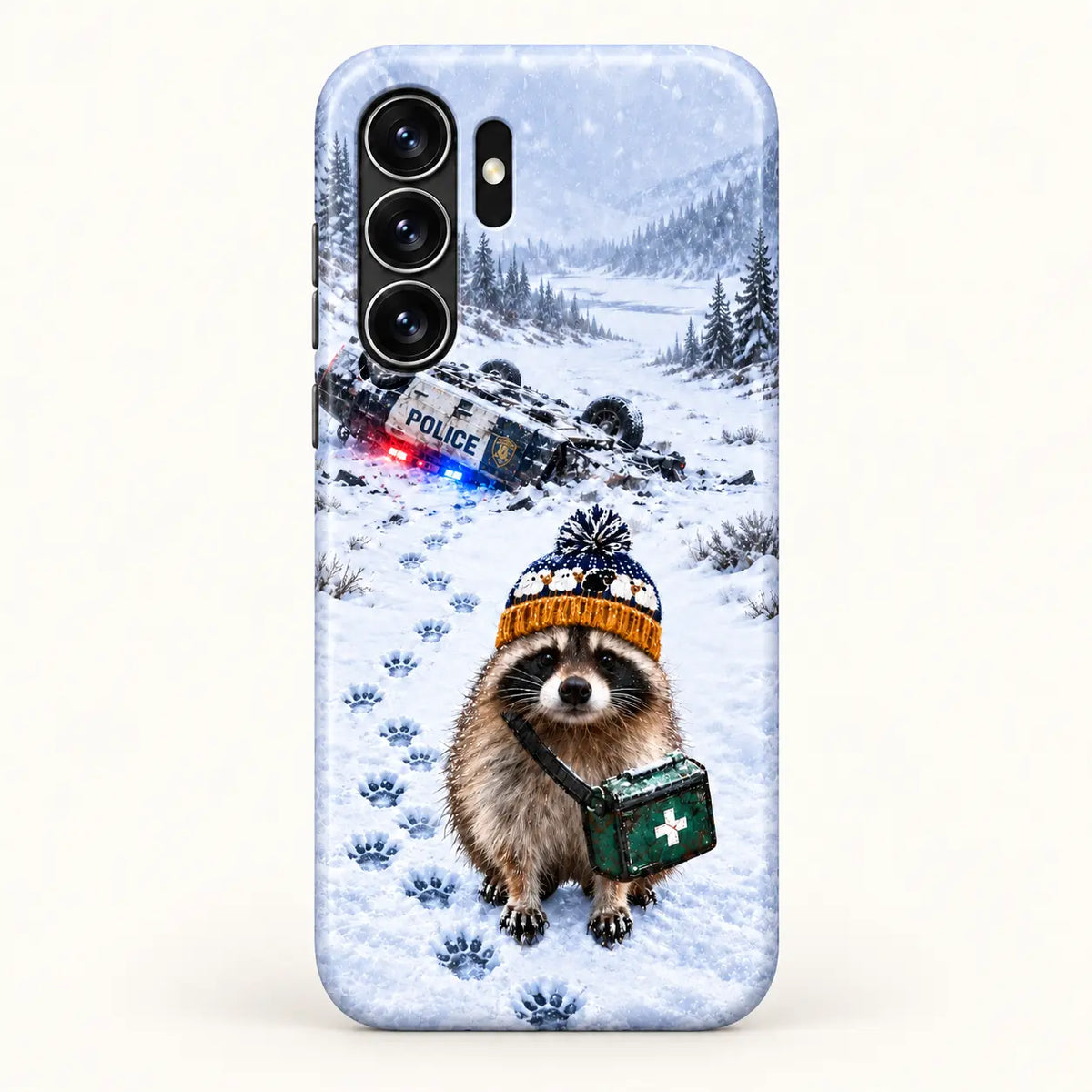 Samsung case rear view with the same snowy raccoon scene