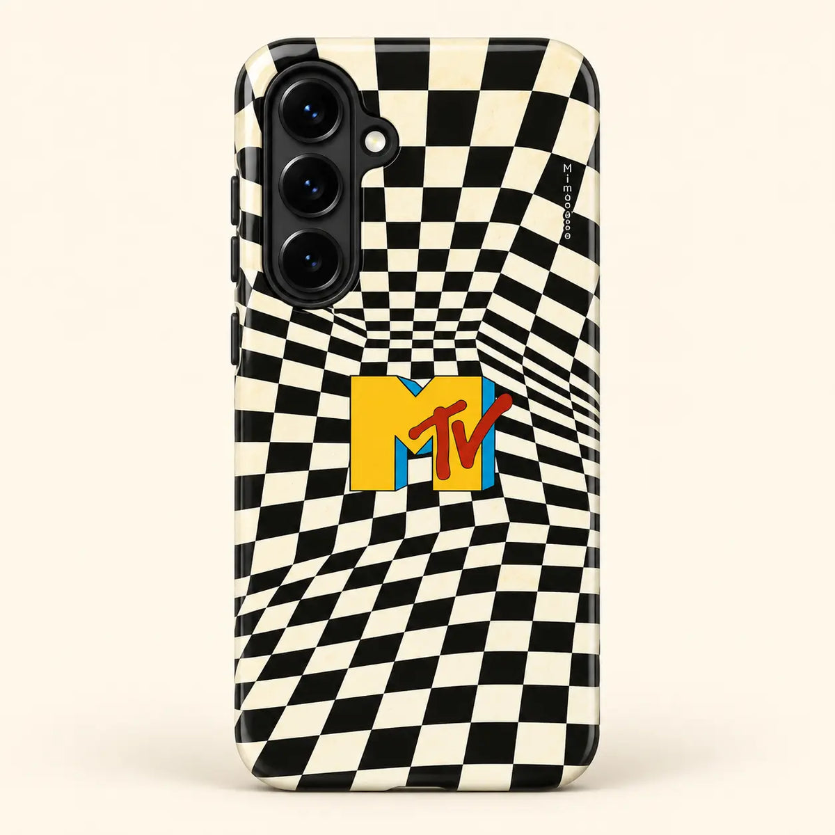 Retro MTV checkerboard phone case for Samsung Galaxy on a warm ivory background