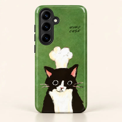 Green chef cat phone case for Samsung Galaxy on a warm ivory background