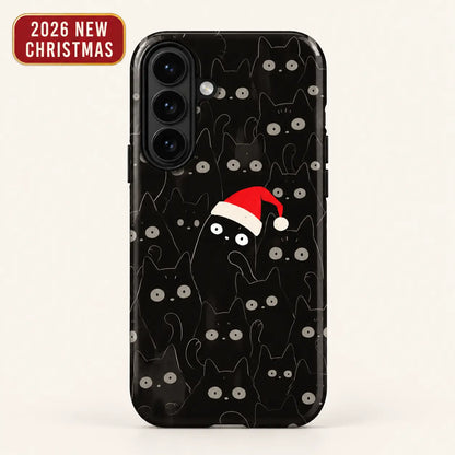 Samsung phone case with a dark black cat crowd pattern and a central cat wearing a red Santa hat.