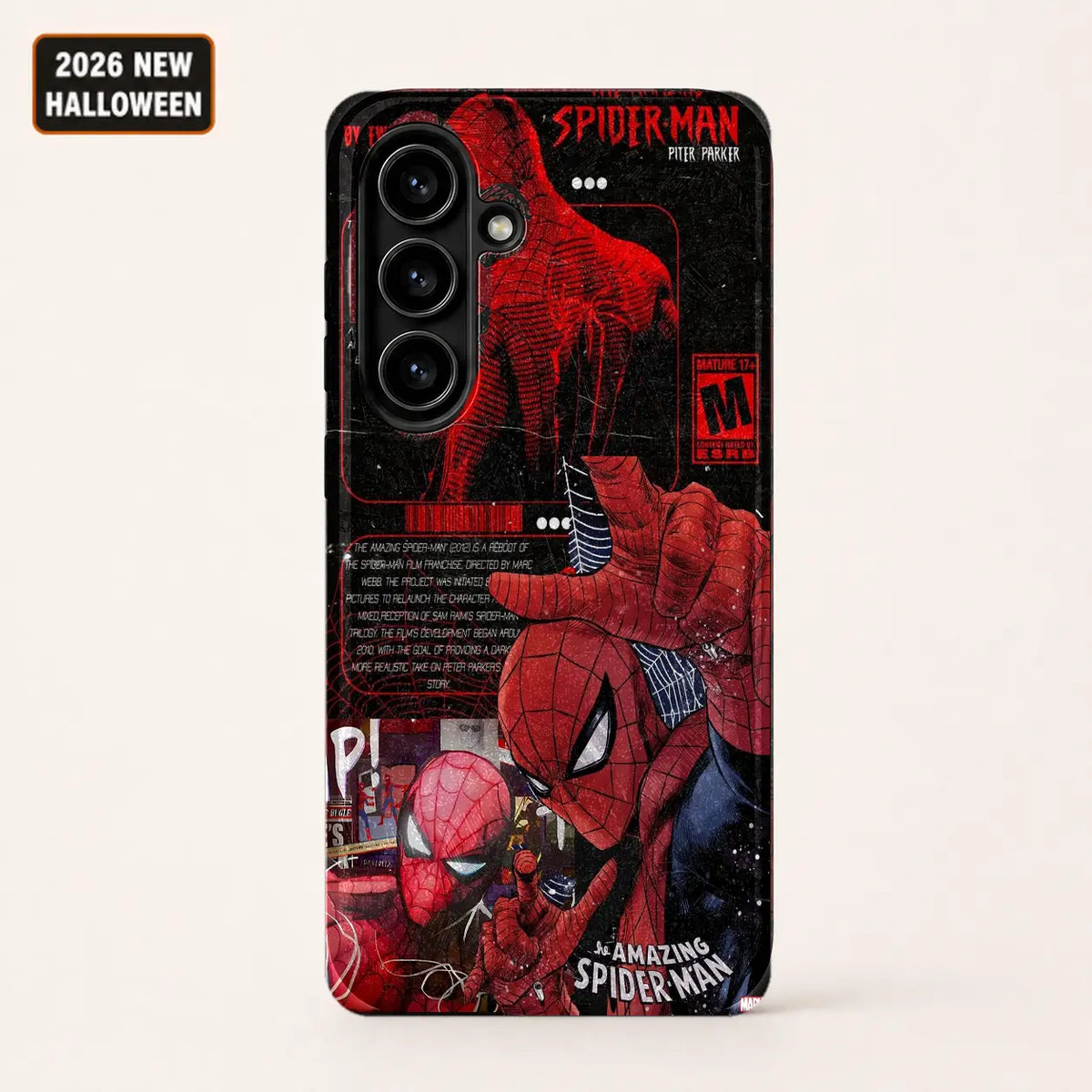 Red and black Spider-Man collage phone case shown on a Samsung Galaxy phone, back view