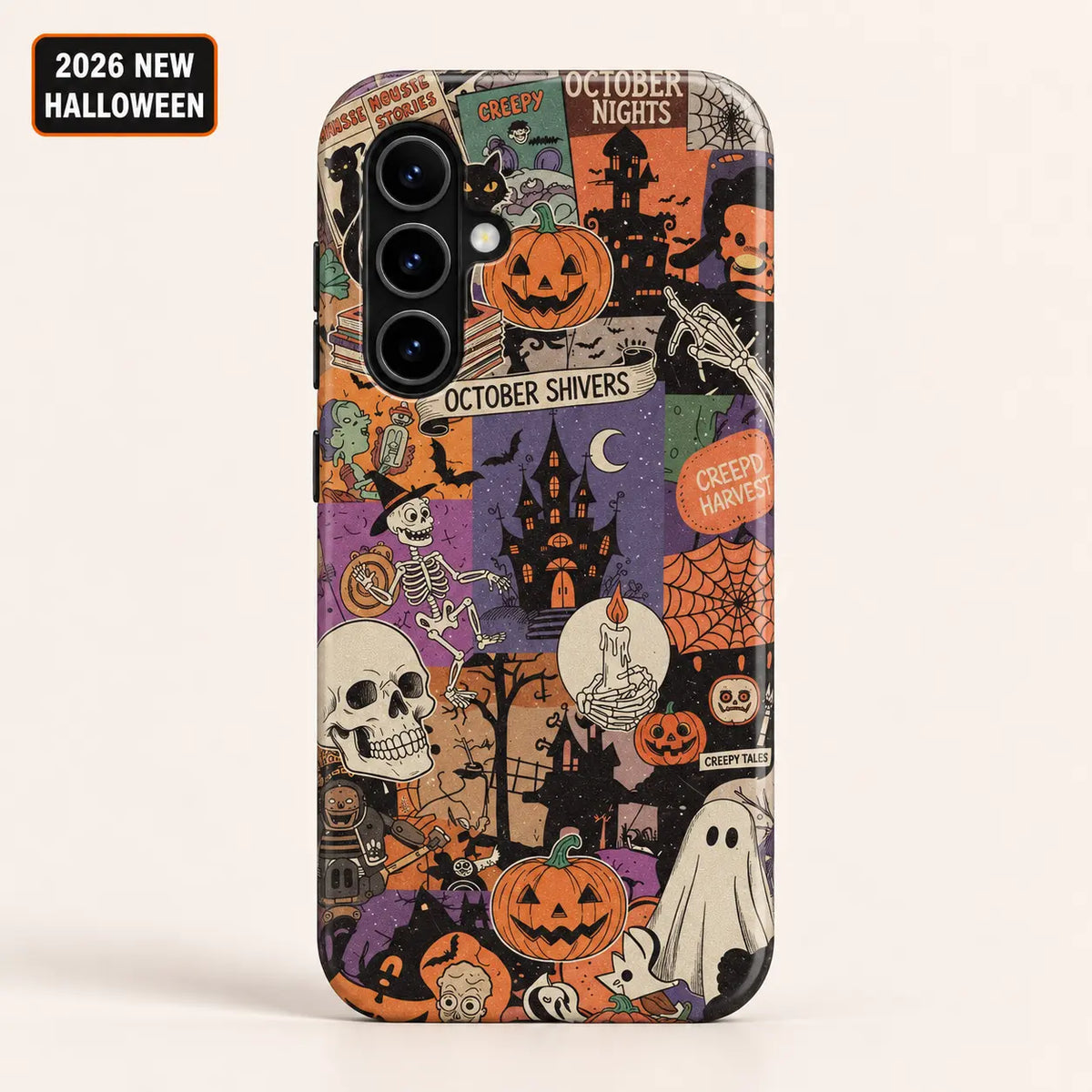 Vintage Halloween phone case shown on a Samsung Galaxy, with pumpkin, skeleton and ghost illustrations in orange and purple