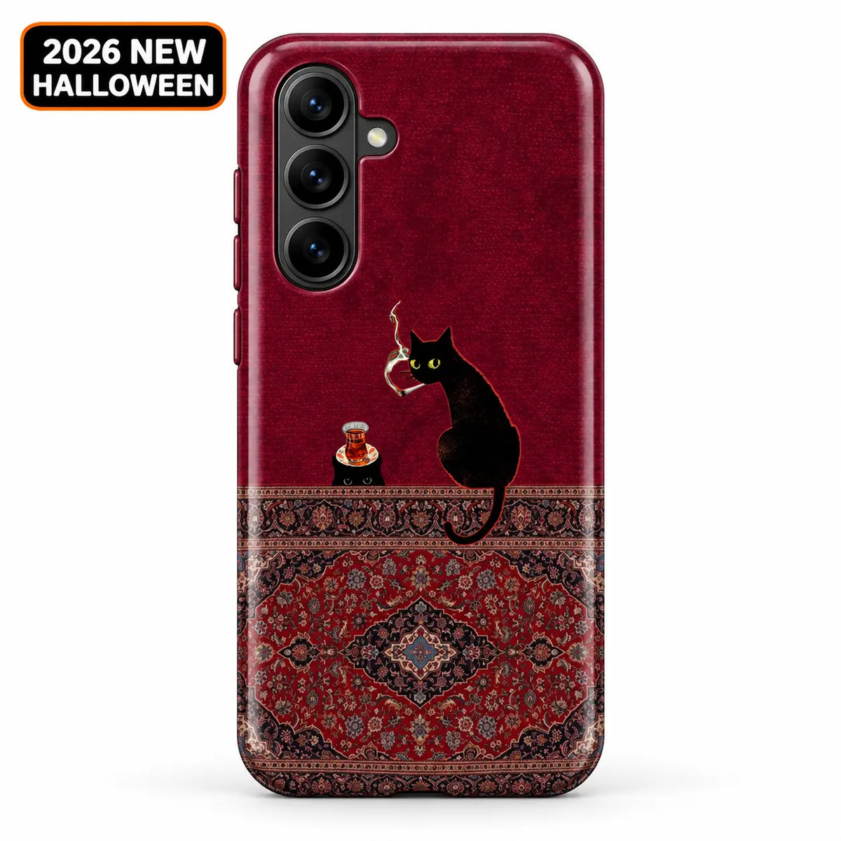 Burgundy Persian rug phone case shown on a Samsung Galaxy, with black cat artwork above a floral medallion design
