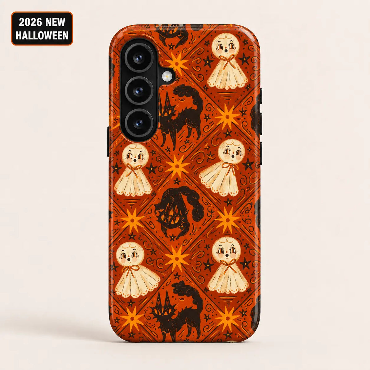 Vintage ghost and black cat phone case shown on a Samsung Galaxy, with a repeating pattern on an orange background
