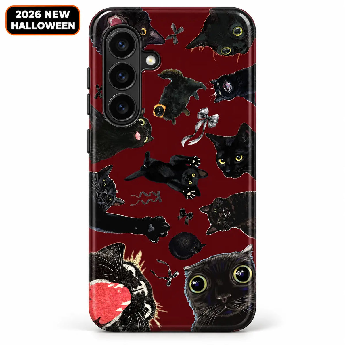 Burgundy Cat Chaos phone case shown on a Samsung Galaxy, with playful black cats and decorative bows