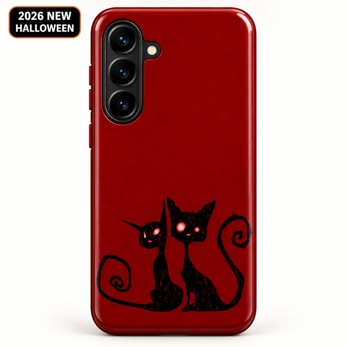 Crimson Cat Duo phone case shown on a Samsung Galaxy, with two slender black cats against a deep red background
