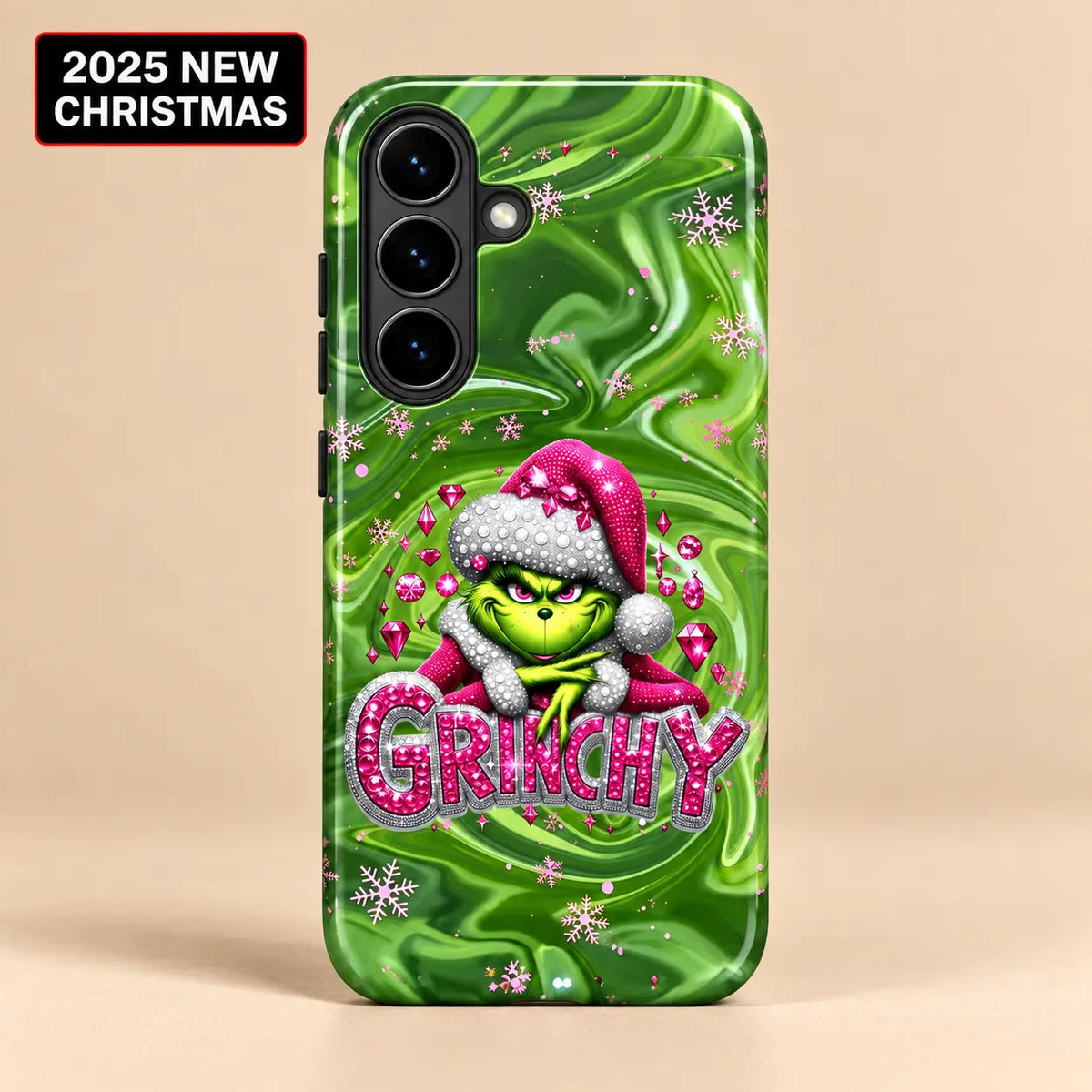 Grinchy Pink Jewel Christmas phone case for Samsung Galaxy with crystal holiday artwork