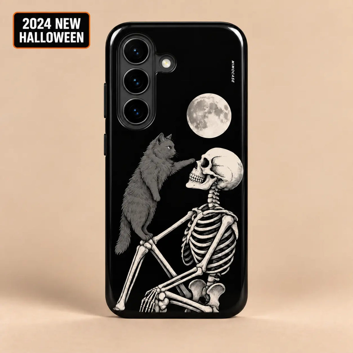 Moonlit Cat and Skeleton Halloween phone case for Samsung Galaxy with gothic black artwork