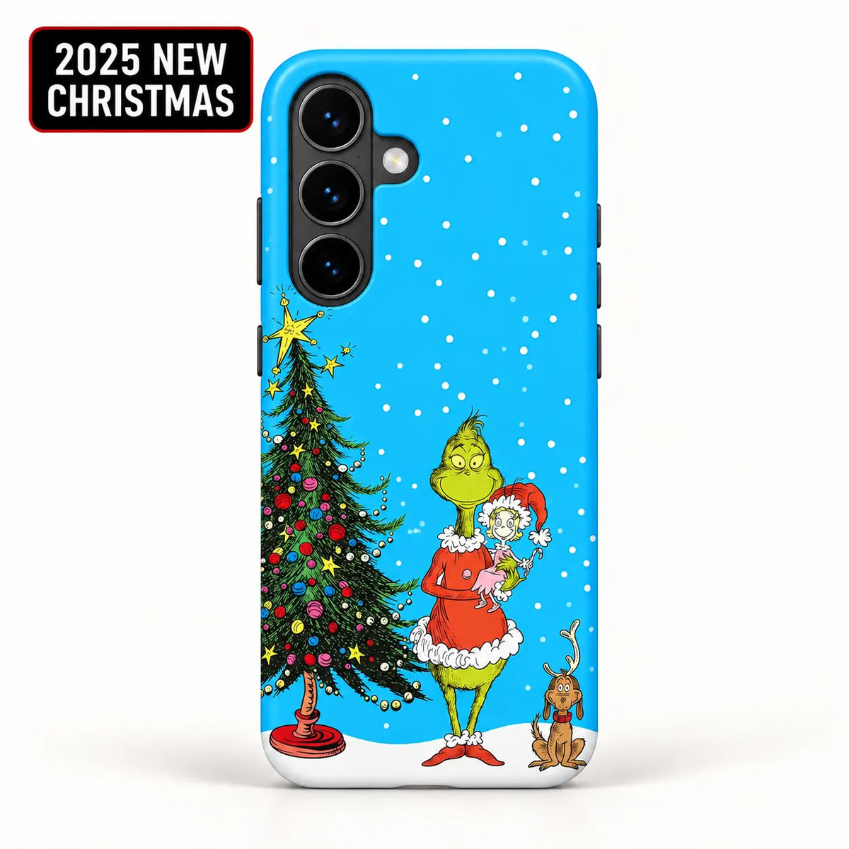 Blue snowy Christmas phone case for Samsung Galaxy S26 with holiday tree artwork