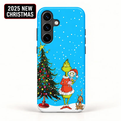Blue snowy Christmas phone case for Samsung Galaxy S26 with holiday tree artwork