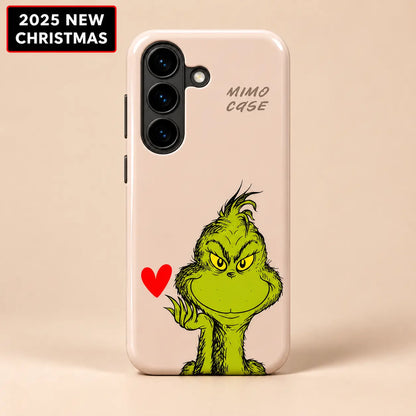 Grinch Red Heart Christmas phone case for Samsung Galaxy with minimalist green character