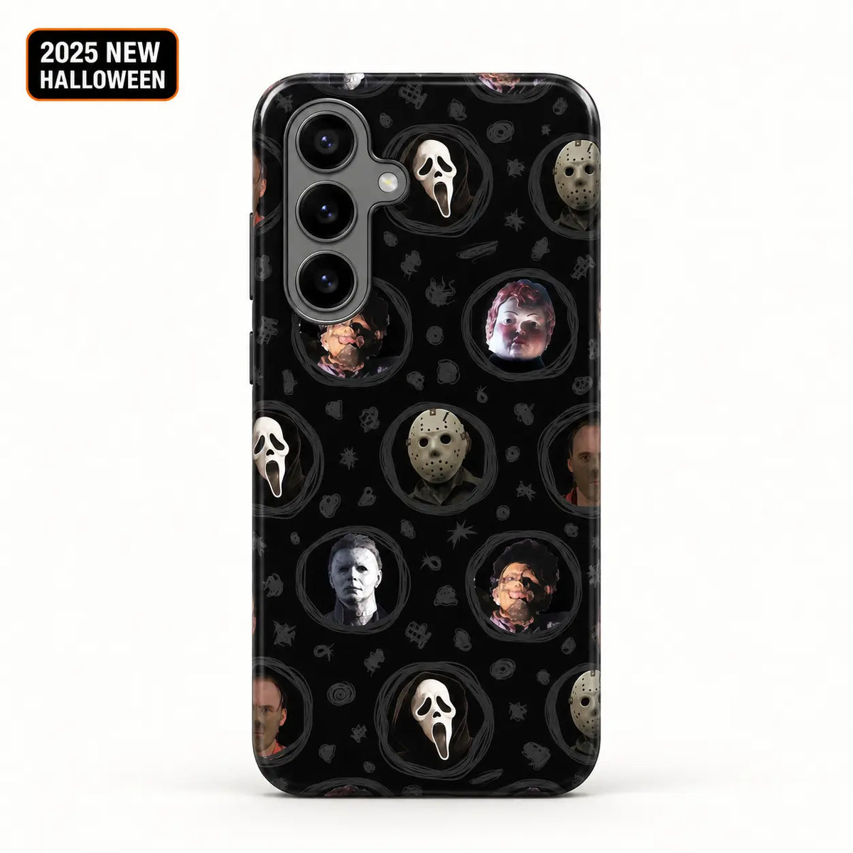 Horror movie mask portrait film phone case shown on Samsung Galaxy S26