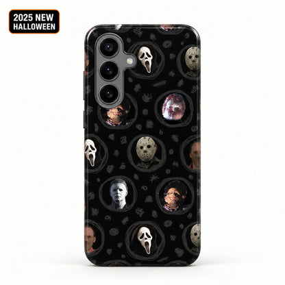 Horror movie mask portrait film phone case shown on Samsung Galaxy S26