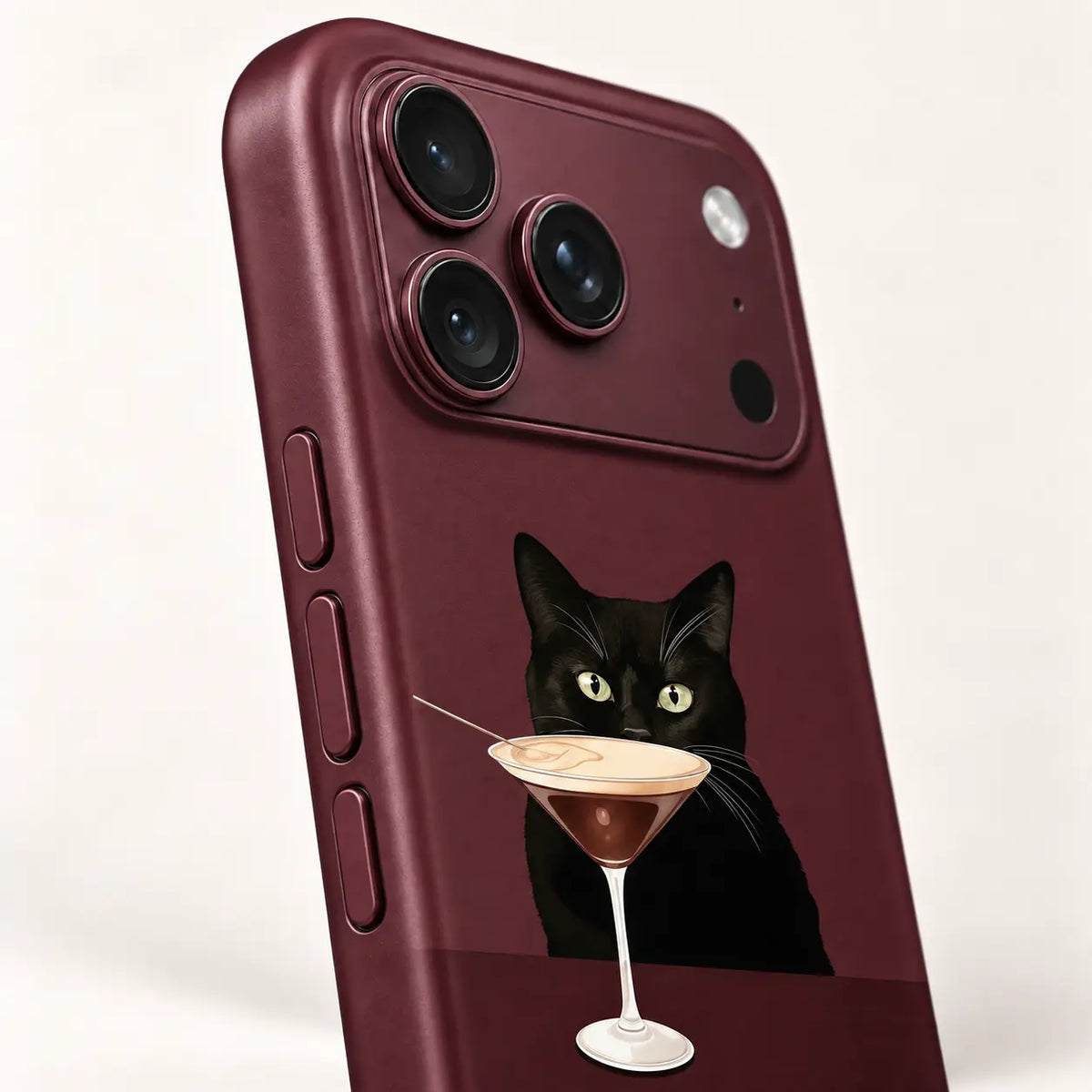 Black cat iPhone 18 Pro case with full-wrap burgundy artwork