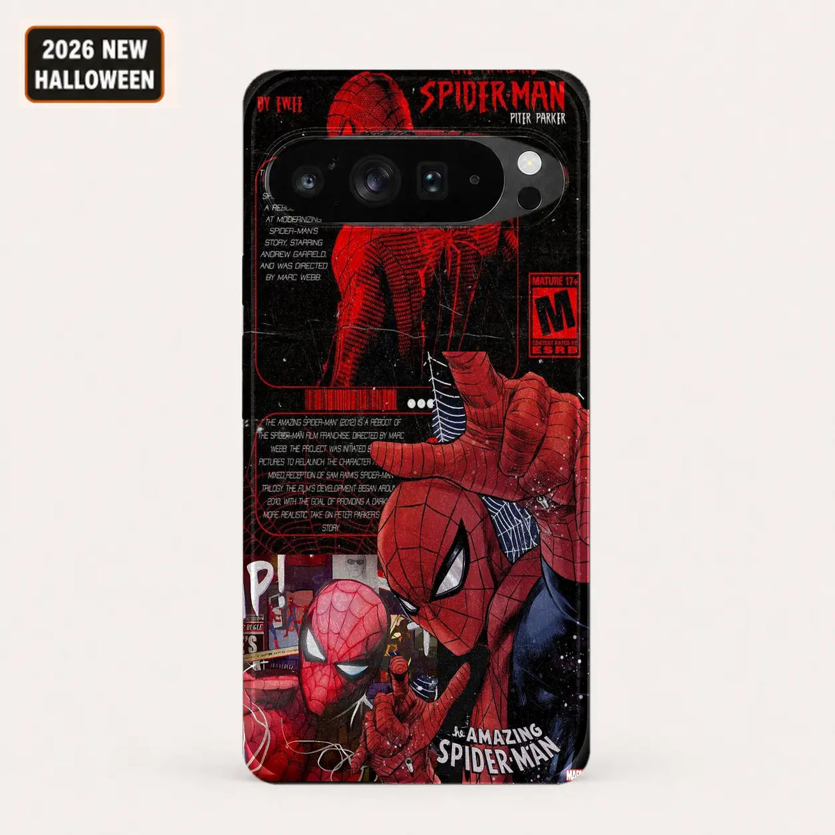 Red and black Spider-Man collage phone case shown on a Google Pixel phone, back view