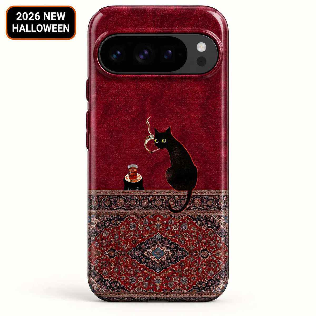Black cat and Persian rug phone case shown on a Google Pixel, with a deep burgundy background and decorative borders
