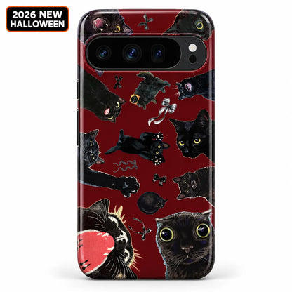 Funny black cat collage phone case shown on a Google Pixel, with a burgundy background and wide-eyed cat portraits