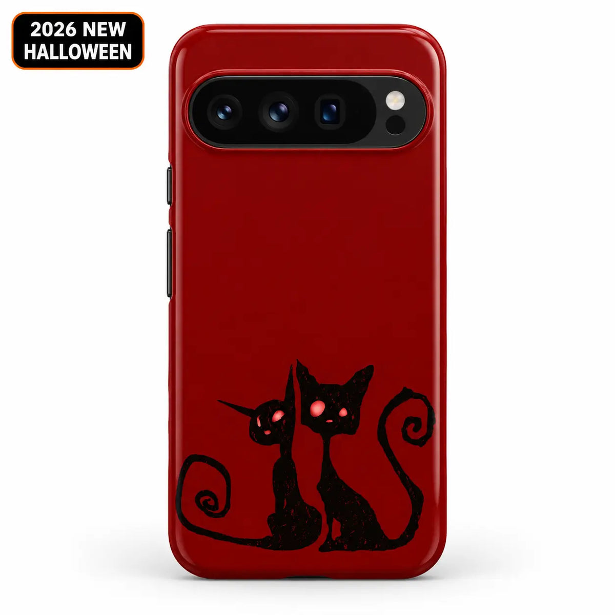 Red black cat duo phone case shown on a Google Pixel, featuring curled tails and bright red eye details