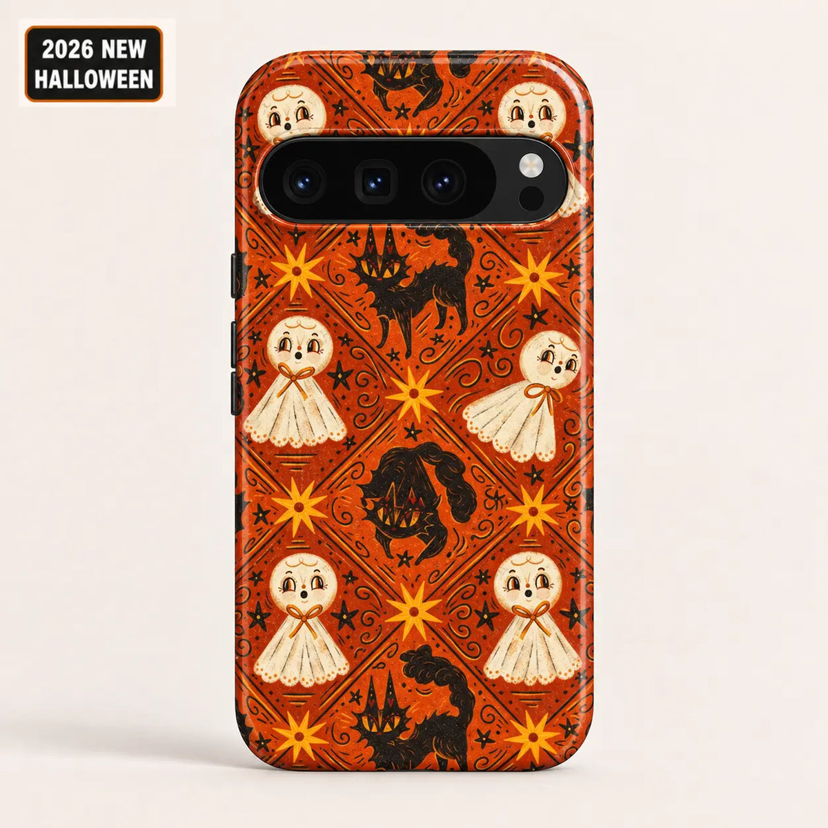 Orange ghost and black cat phone case shown on a Google Pixel, with cream ghost illustrations and starburst details