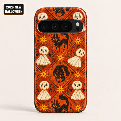 Orange ghost and black cat phone case shown on a Google Pixel, with cream ghost illustrations and starburst details