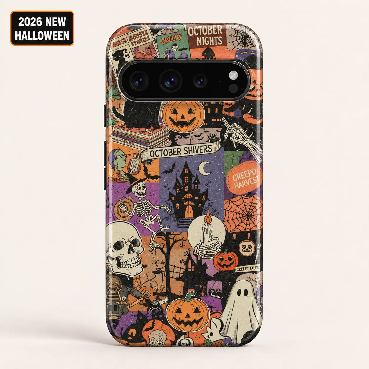 Vintage Halloween collage phone case shown on a Google Pixel, featuring a black cat, jack-o'-lanterns and a haunted house