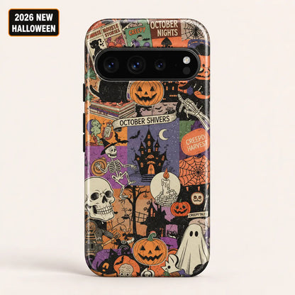 Vintage Halloween collage phone case shown on a Google Pixel, featuring a black cat, jack-o'-lanterns and a haunted house
