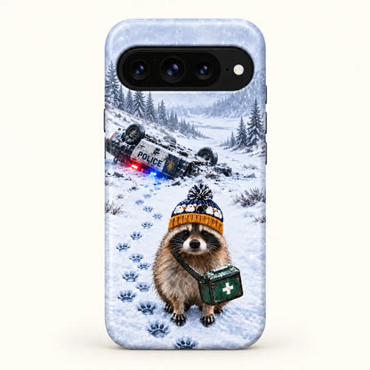 Google Pixel case rear view with snowy raccoon artwork