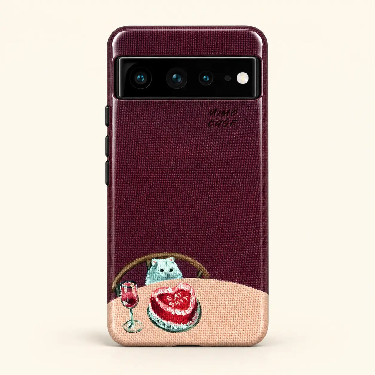 Burgundy textile cat phone case for Google Pixel on a warm ivory background