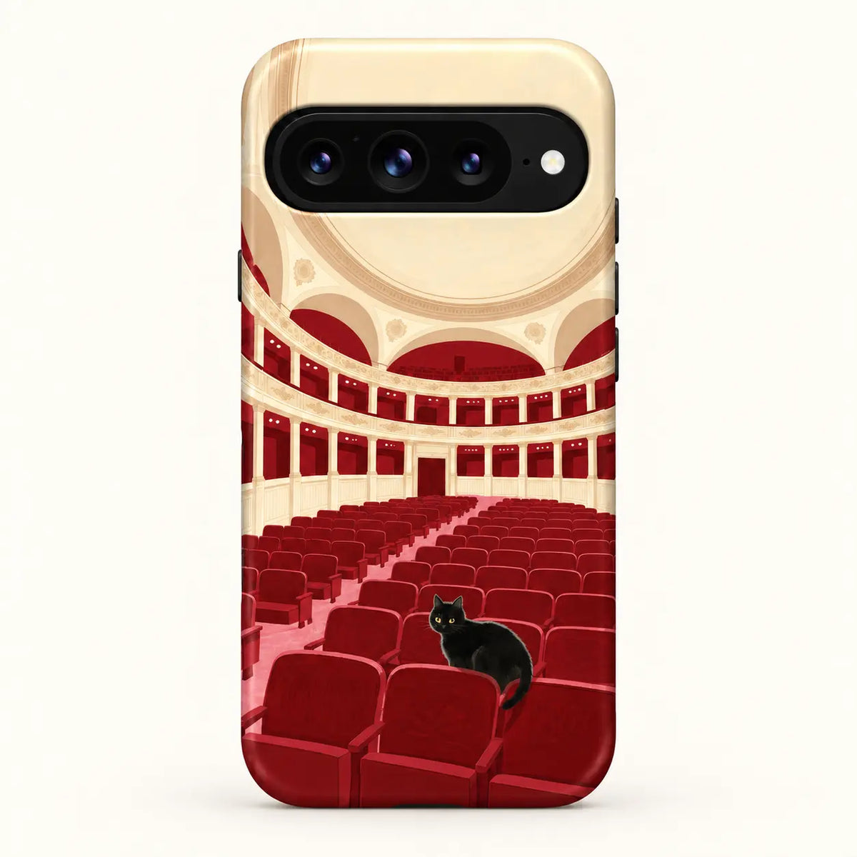 Google Pixel rear view; Black cat among red theater seats with cream balconies