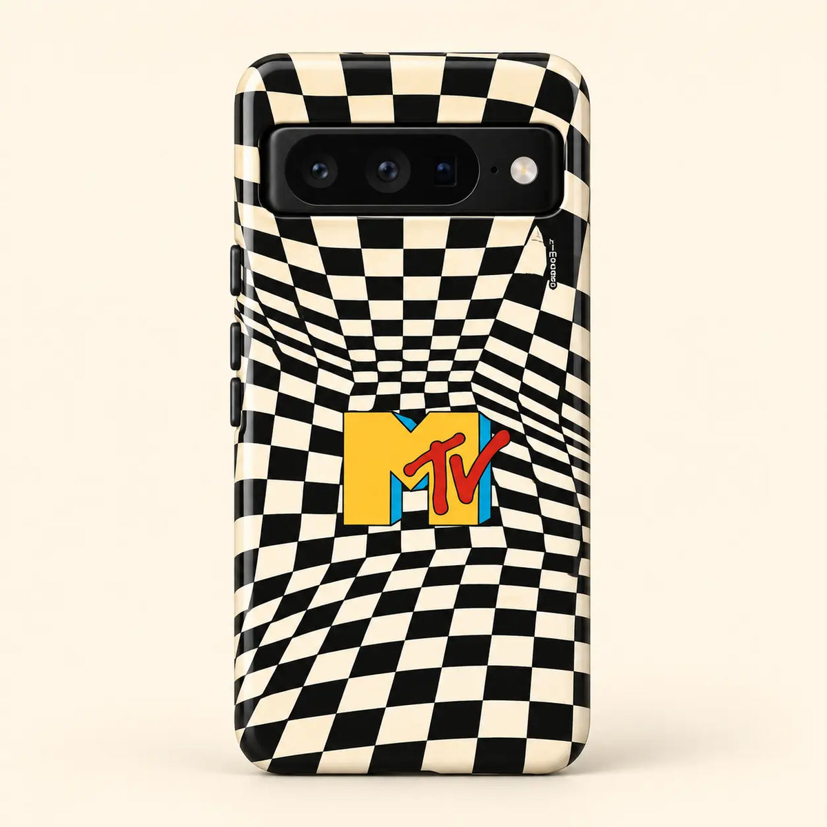 Retro MTV checkerboard phone case for Google Pixel on a warm ivory background