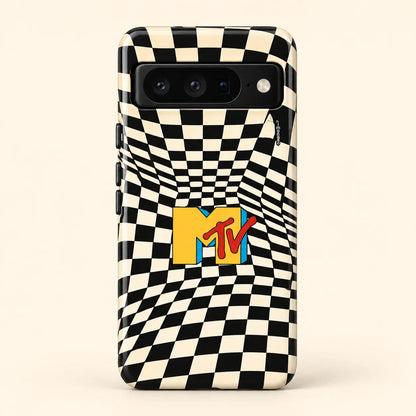 Retro MTV checkerboard phone case for Google Pixel on a warm ivory background