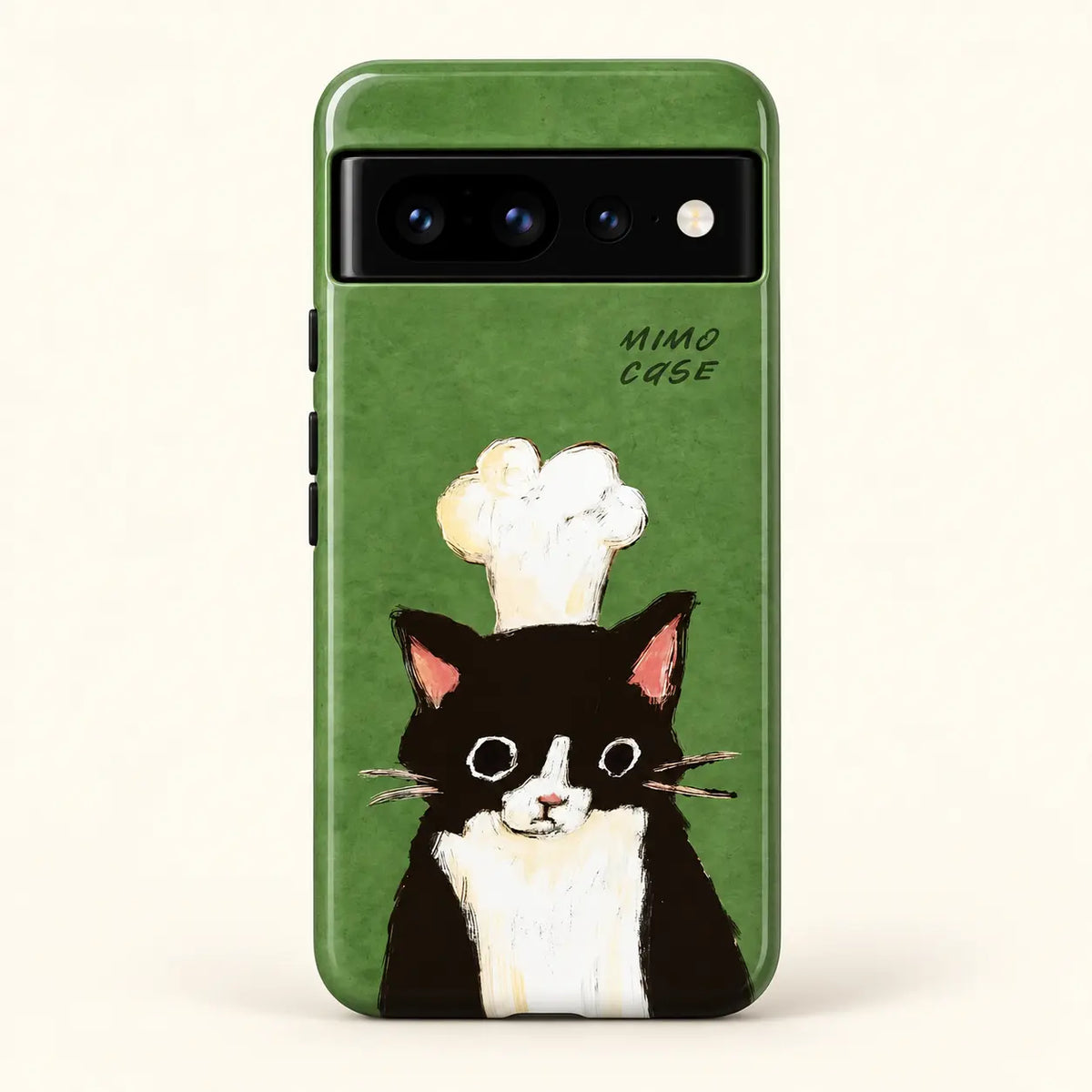 Green chef cat phone case for Google Pixel on a warm ivory background
