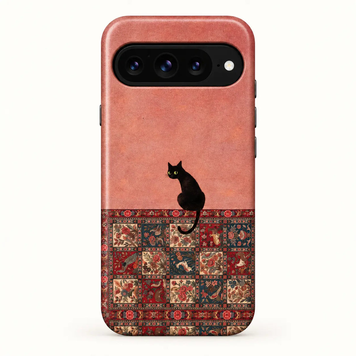 Google Pixel rear view; Black cat above a red, cream and deep teal floral bird rug print