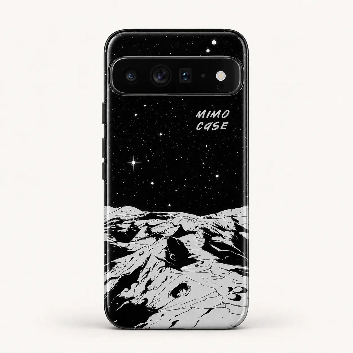 Monochrome lunar landscape phone case for Google Pixel on a warm ivory background