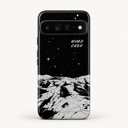 Monochrome lunar landscape phone case for Google Pixel on a warm ivory background