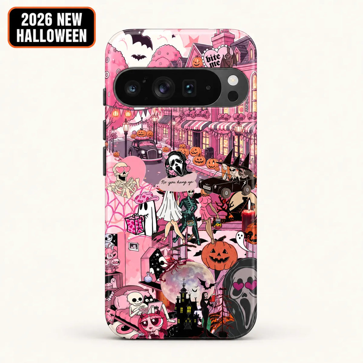 Pink Halloween collage phone case for Google Pixel with 2026 New Halloween badge