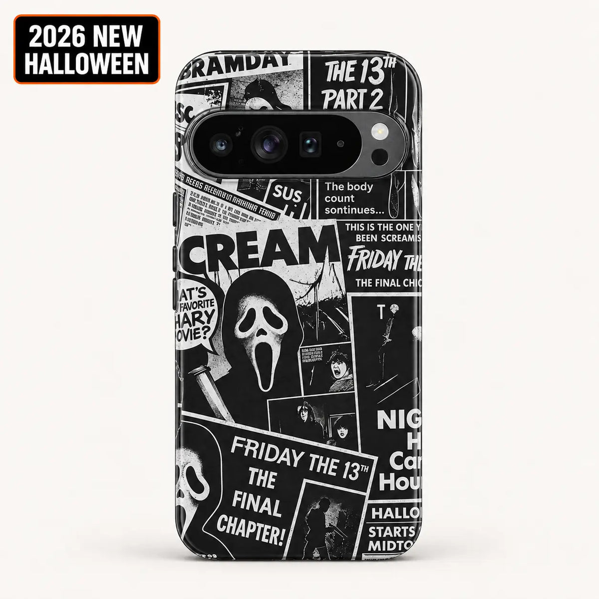 Friday the 13th horror collage phone case for Google Pixel with 2026 New Halloween badge