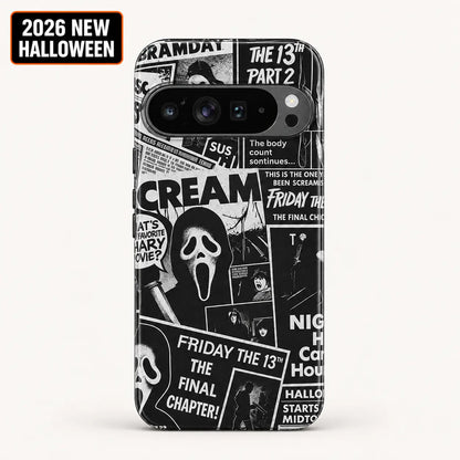 Friday the 13th horror collage phone case for Google Pixel with 2026 New Halloween badge