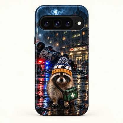 Google Pixel case rear view with raccoon and hospital artwork