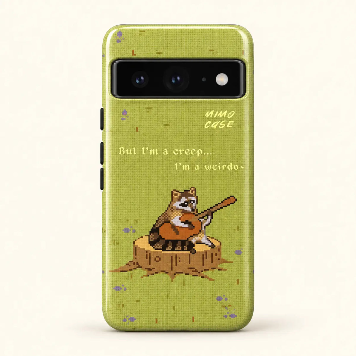 Pixel raccoon guitar phone case for Google Pixel on a warm ivory background
